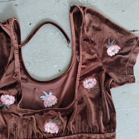 HONEY BELLE | Copper Brown Velvet Floral Fit And Flare Scoop Neck Corset Dress L - Picture 8 of 16